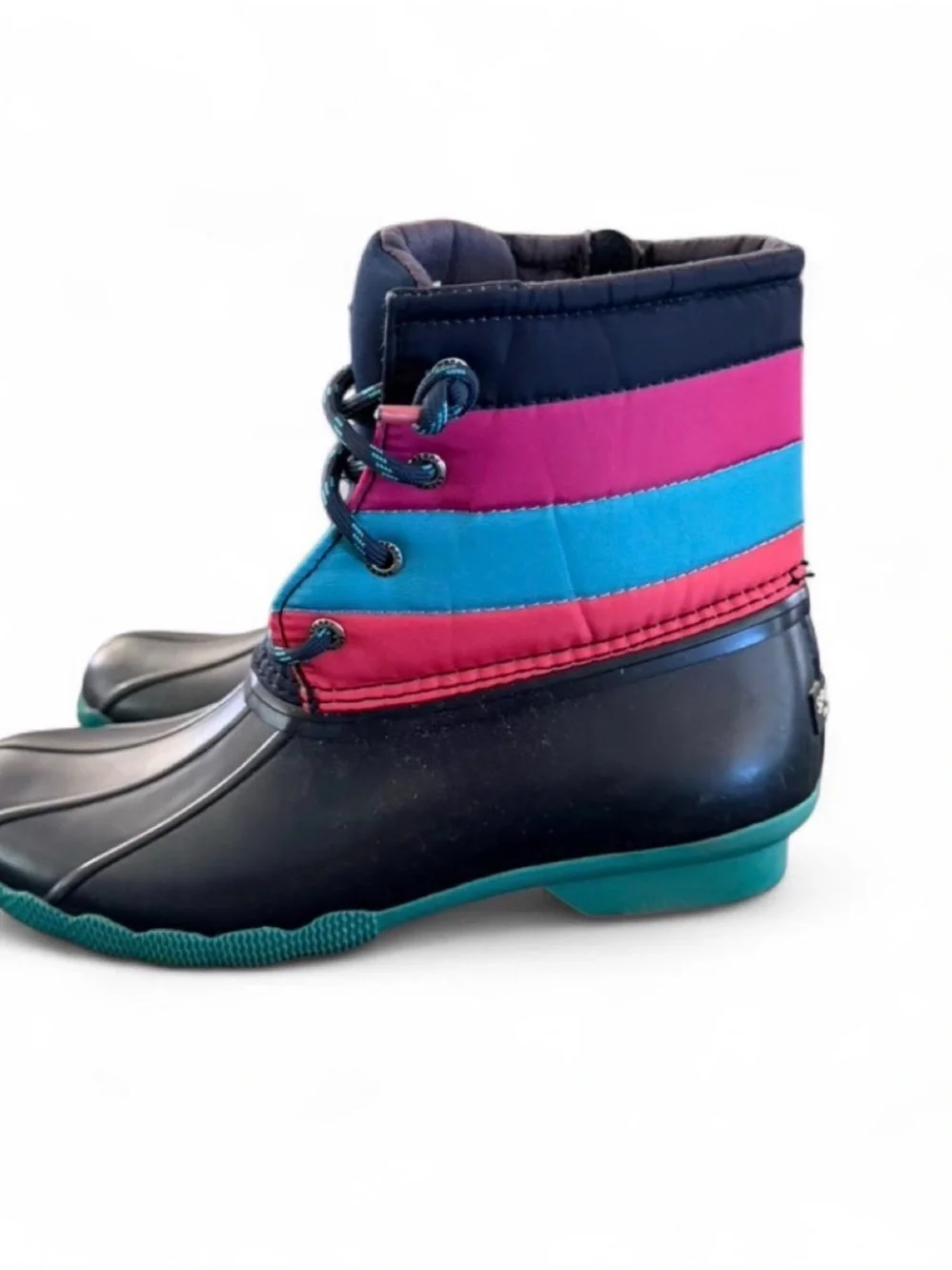 Sperry Kids Black Duck Boots with Teal and Pink Accents